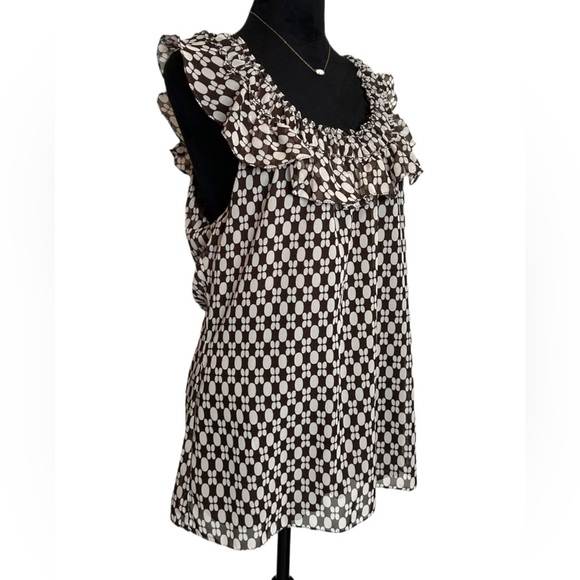 NWT 🆕 Max Edition Medium Ruffled Round Neck Brown & White Short Sleeve Blouse - Picture 3 of 9
